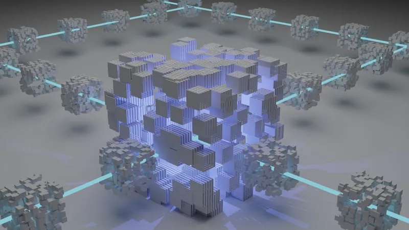 Glowing connected blocks symbolising the structure of the Bitcoin blockchain